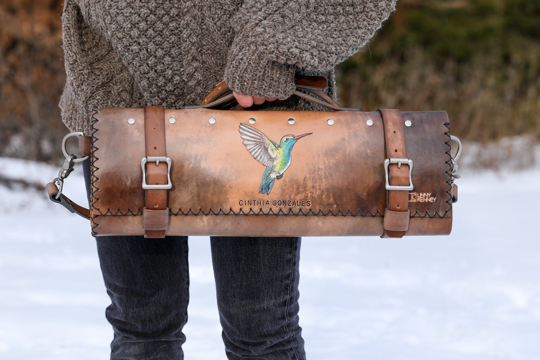 Custom Hummingbird and Roses Italian Leather Knife Roll