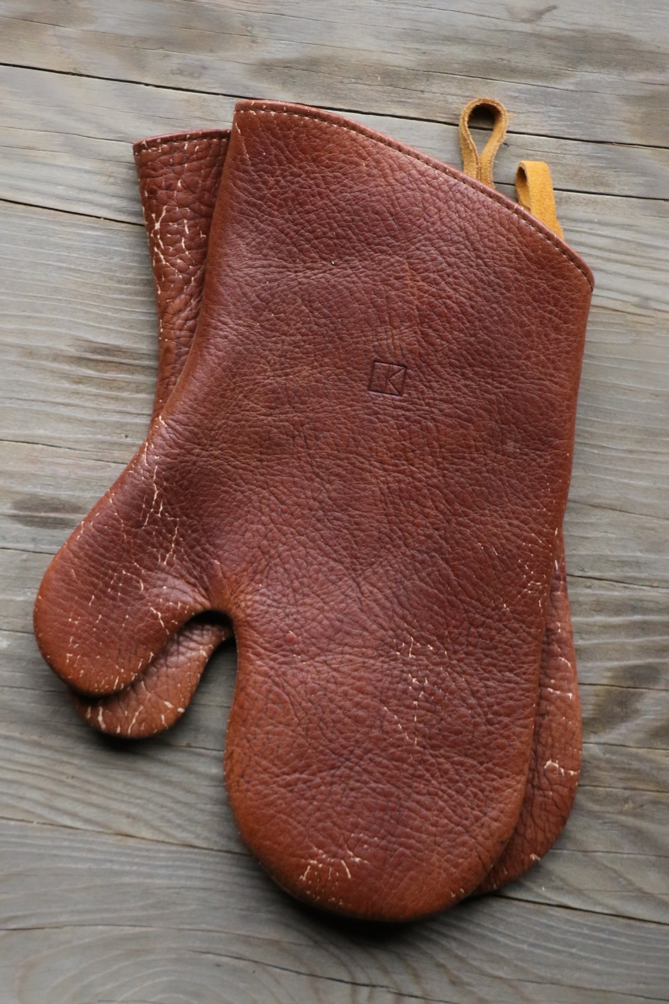 natural brown leather oven mitts