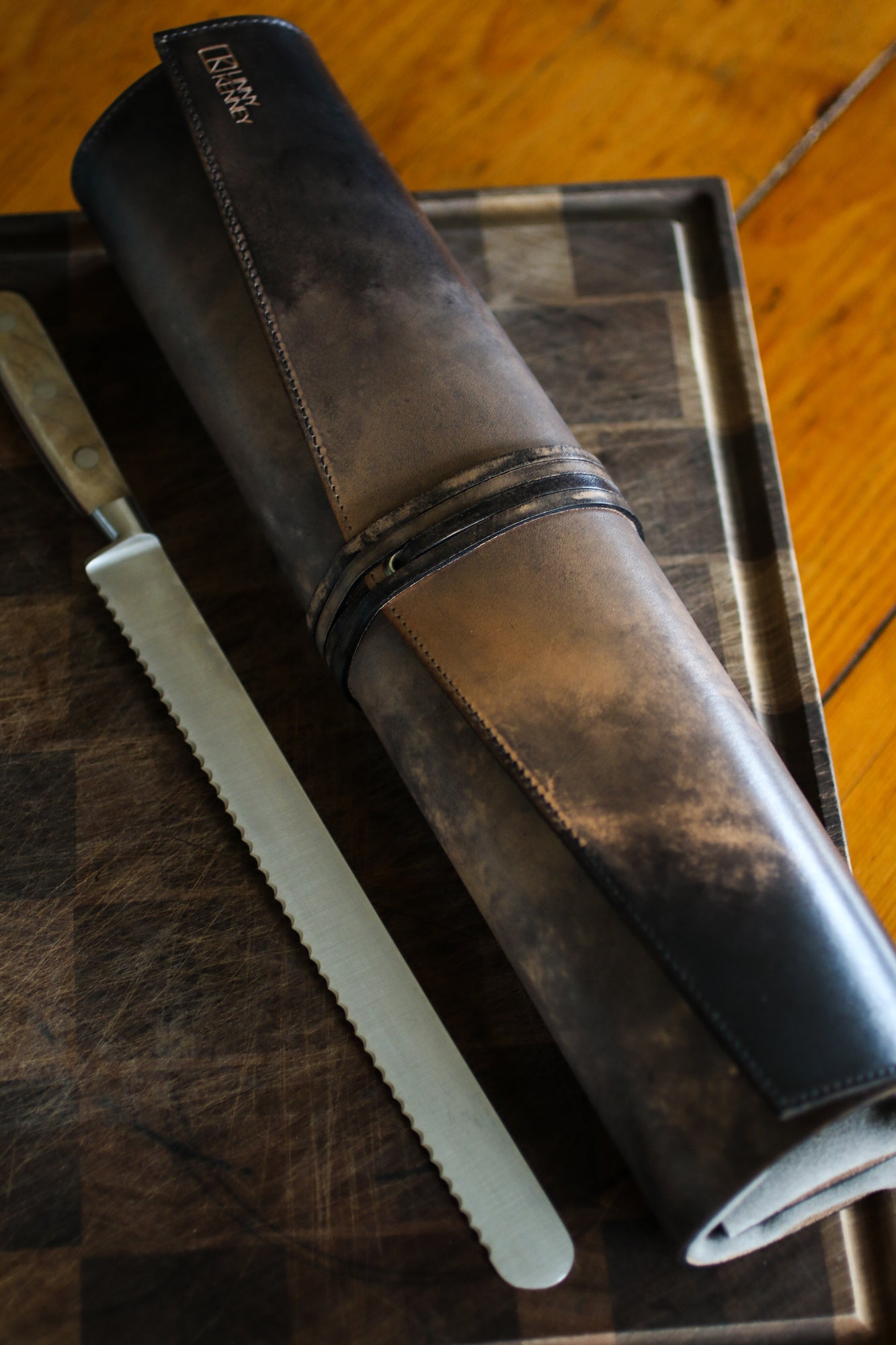 Italian leather knife roll Black and Grey