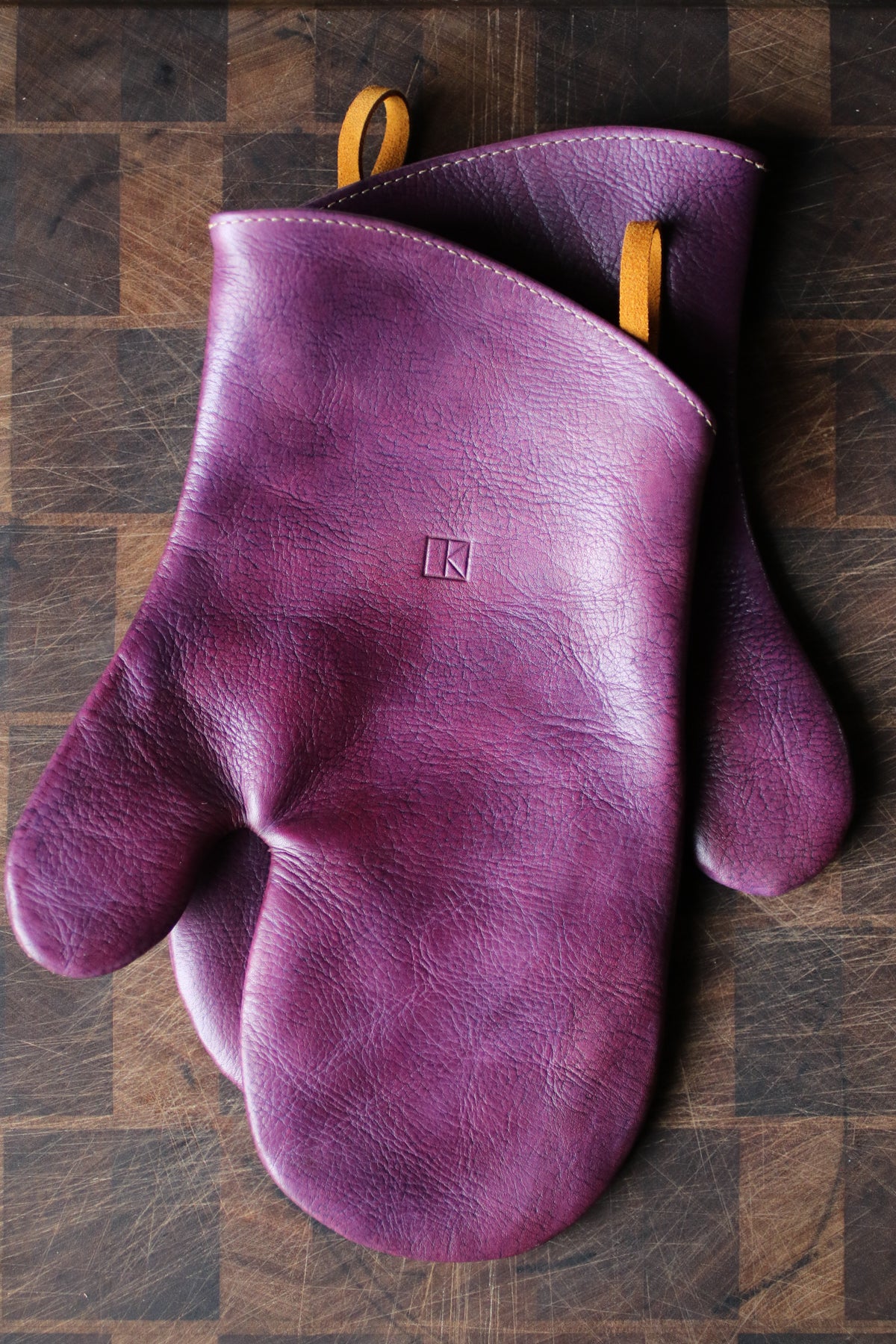 eggplant leather oven mitts