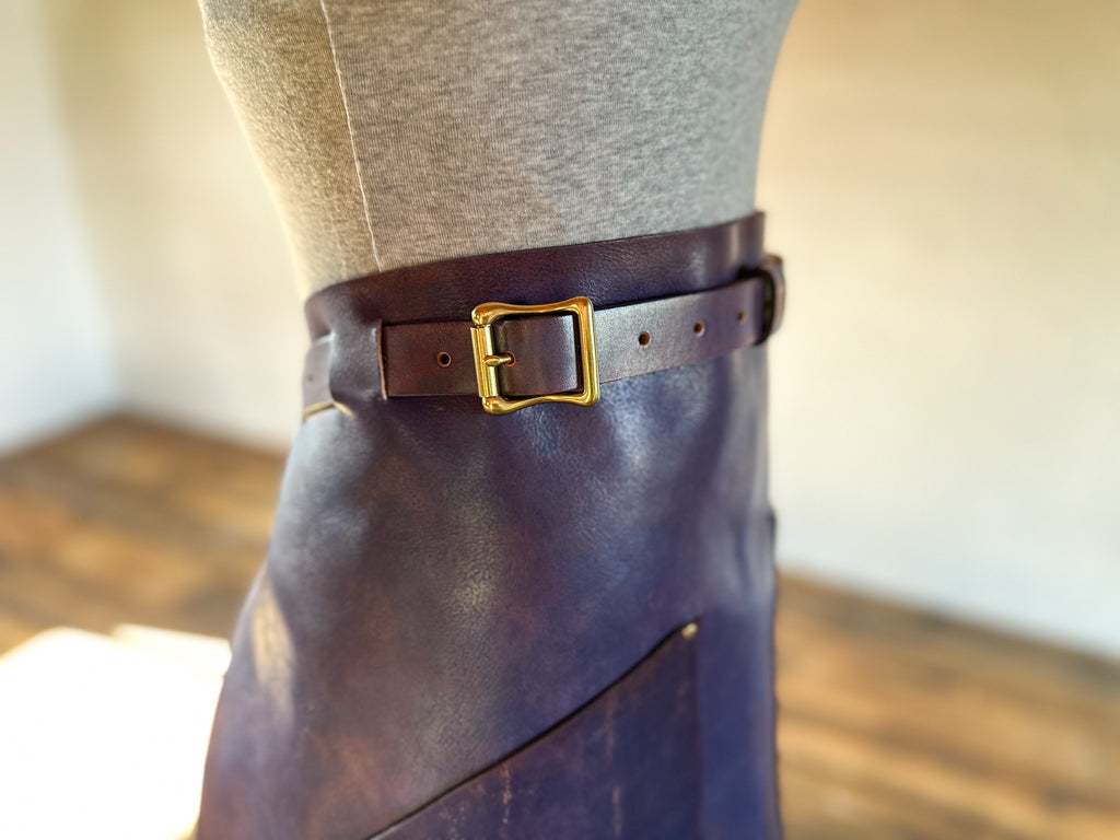 purple leather half apron