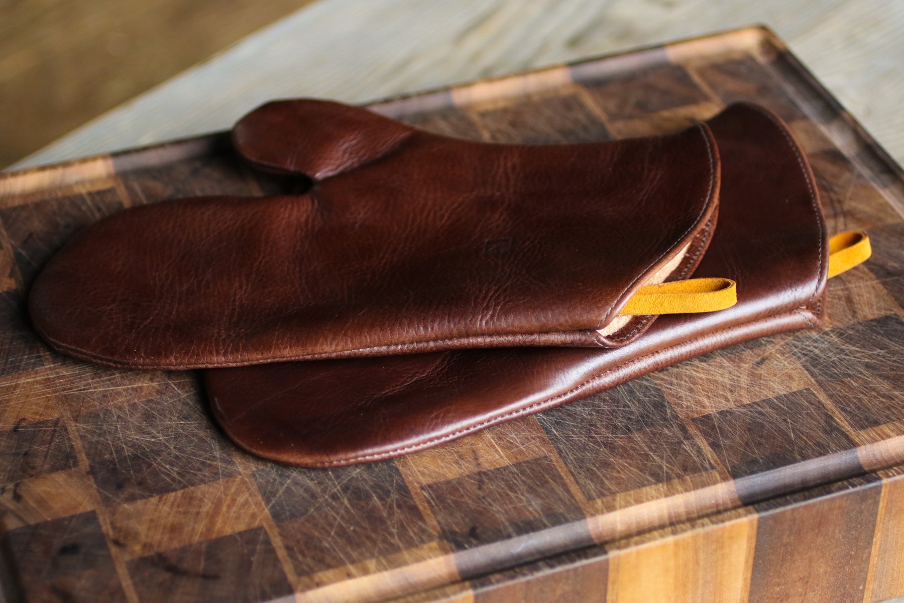 walnut leather oven mitts by LK