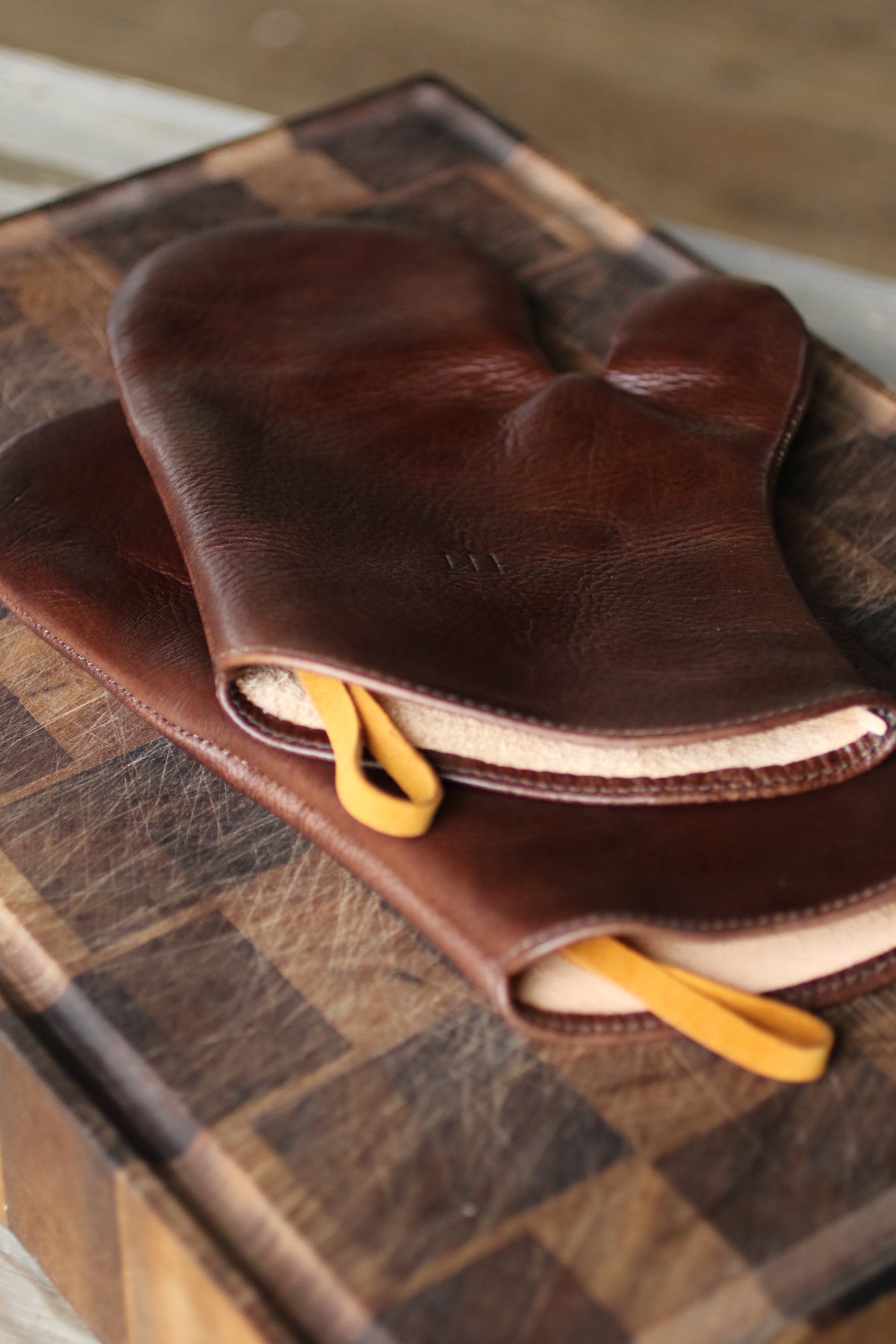 walnut leather oven mitts by LK