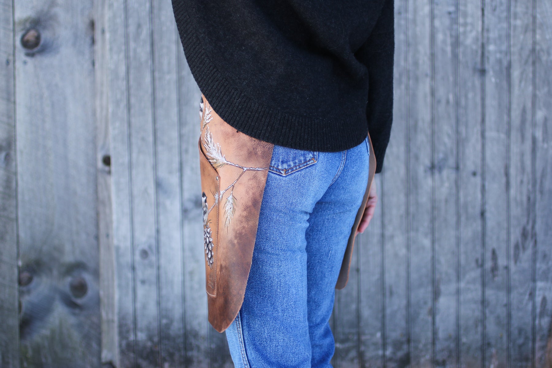 painted chickadee leather half apron