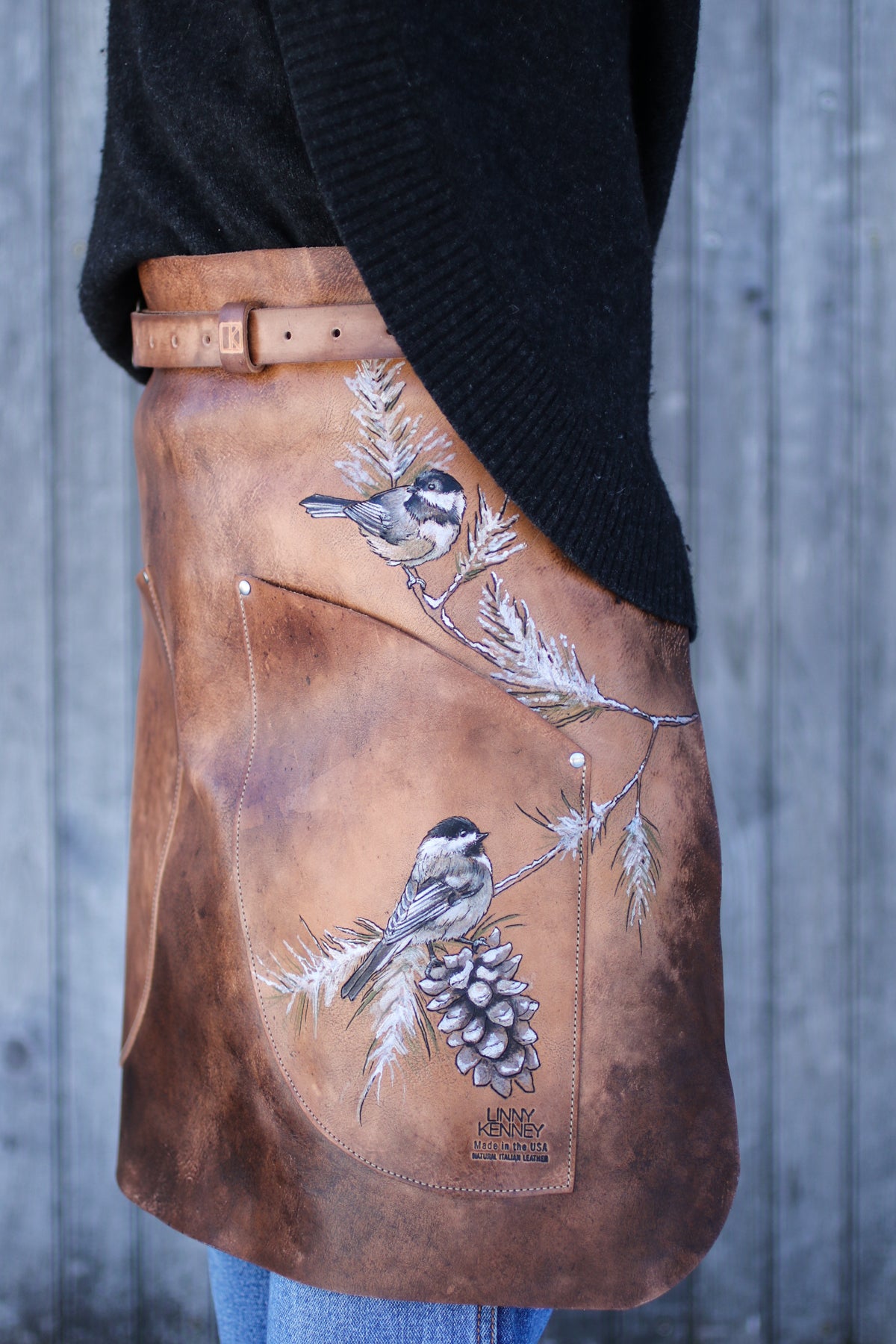 painted chickadee leather half apron