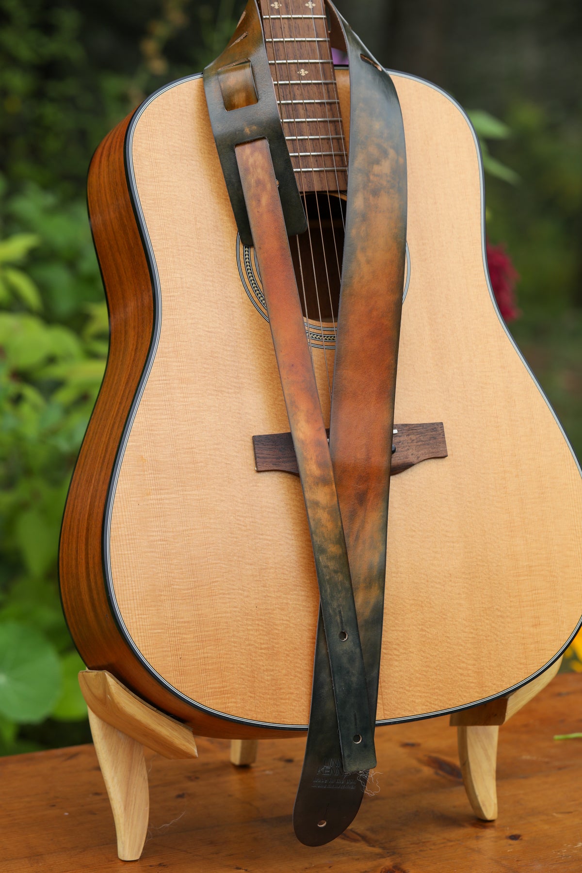 stained Italian leather guitar strap by Linny Kenney