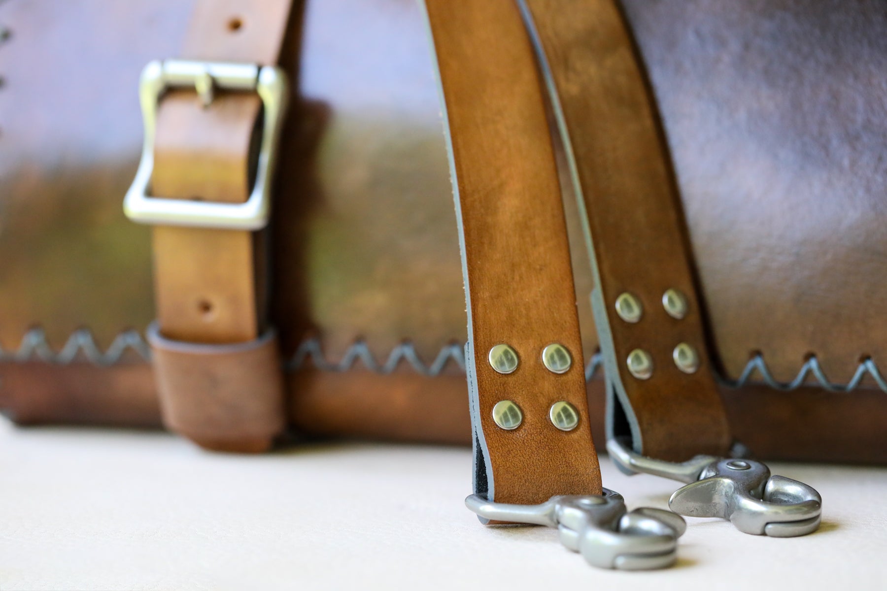 Italian leather knife roll with olive green interior