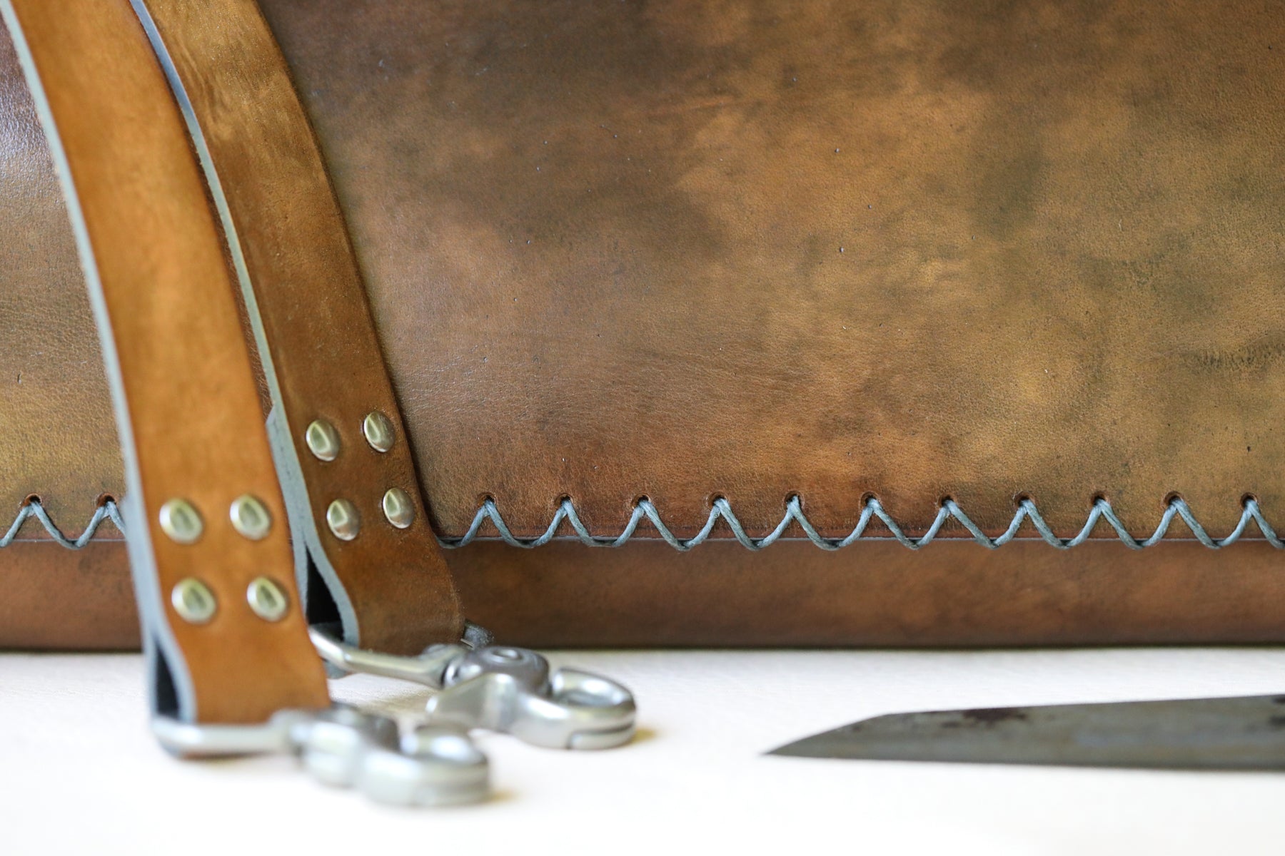 Italian leather knife roll with olive green interior