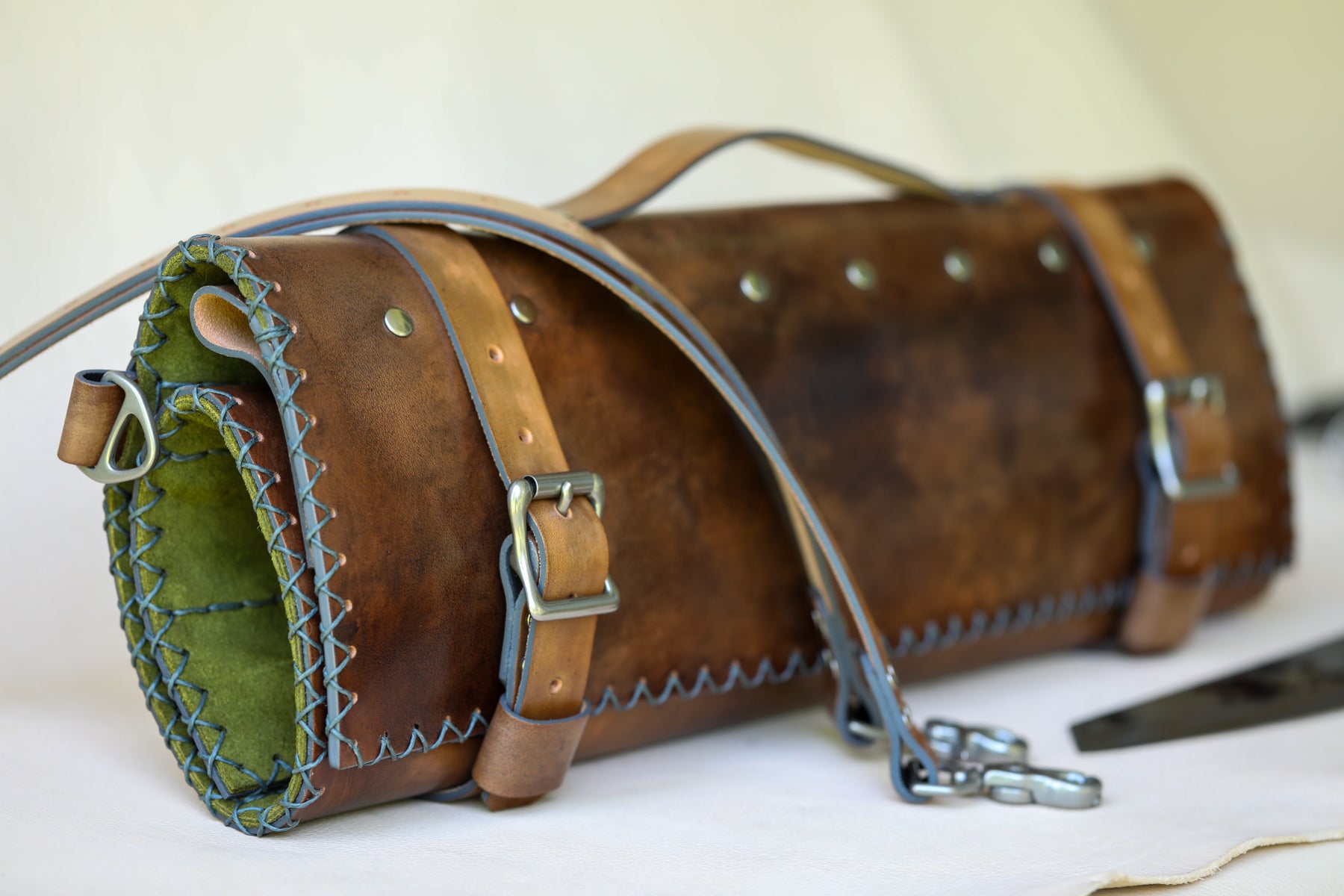 Italian leather knife roll with olive green interior