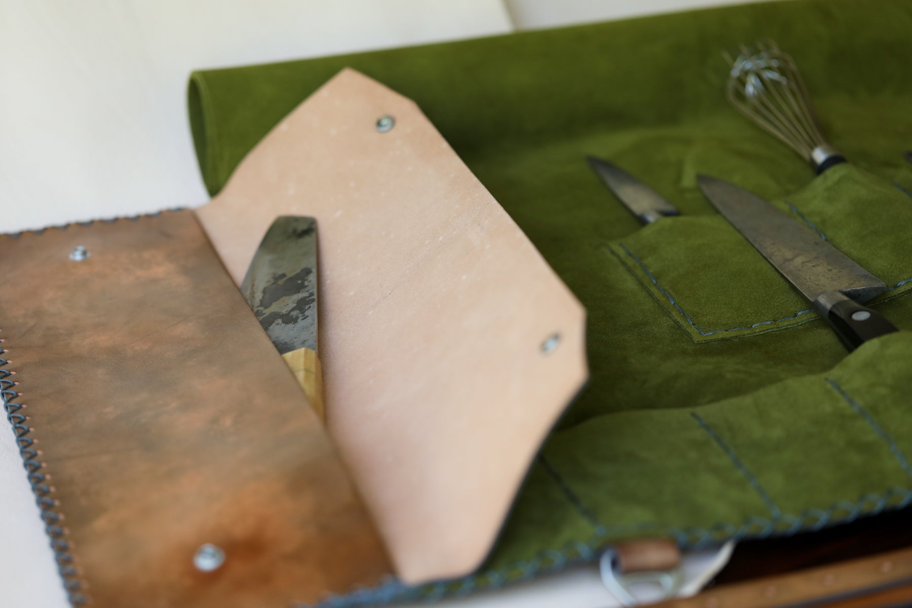 Italian leather knife roll with olive green interior