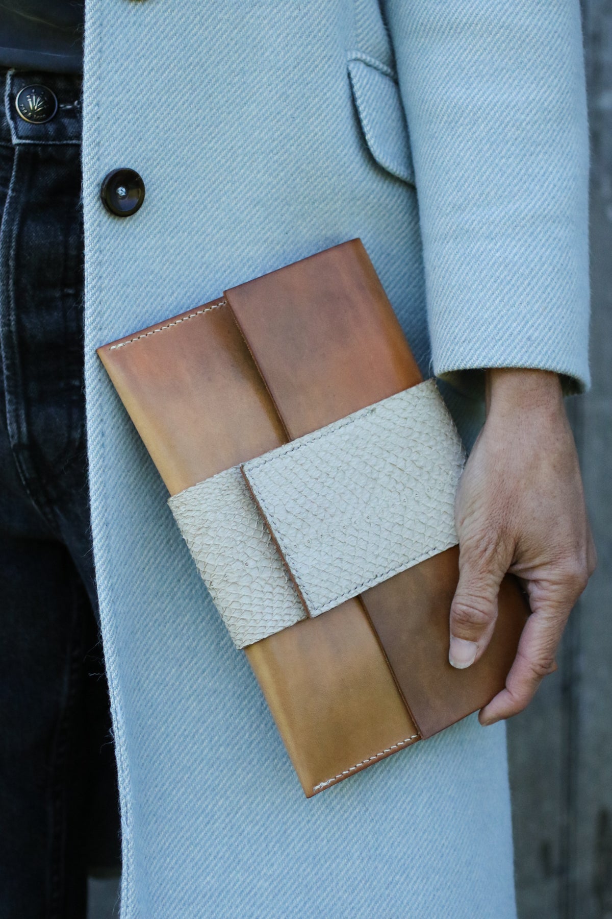salmon and leather clutch by LK