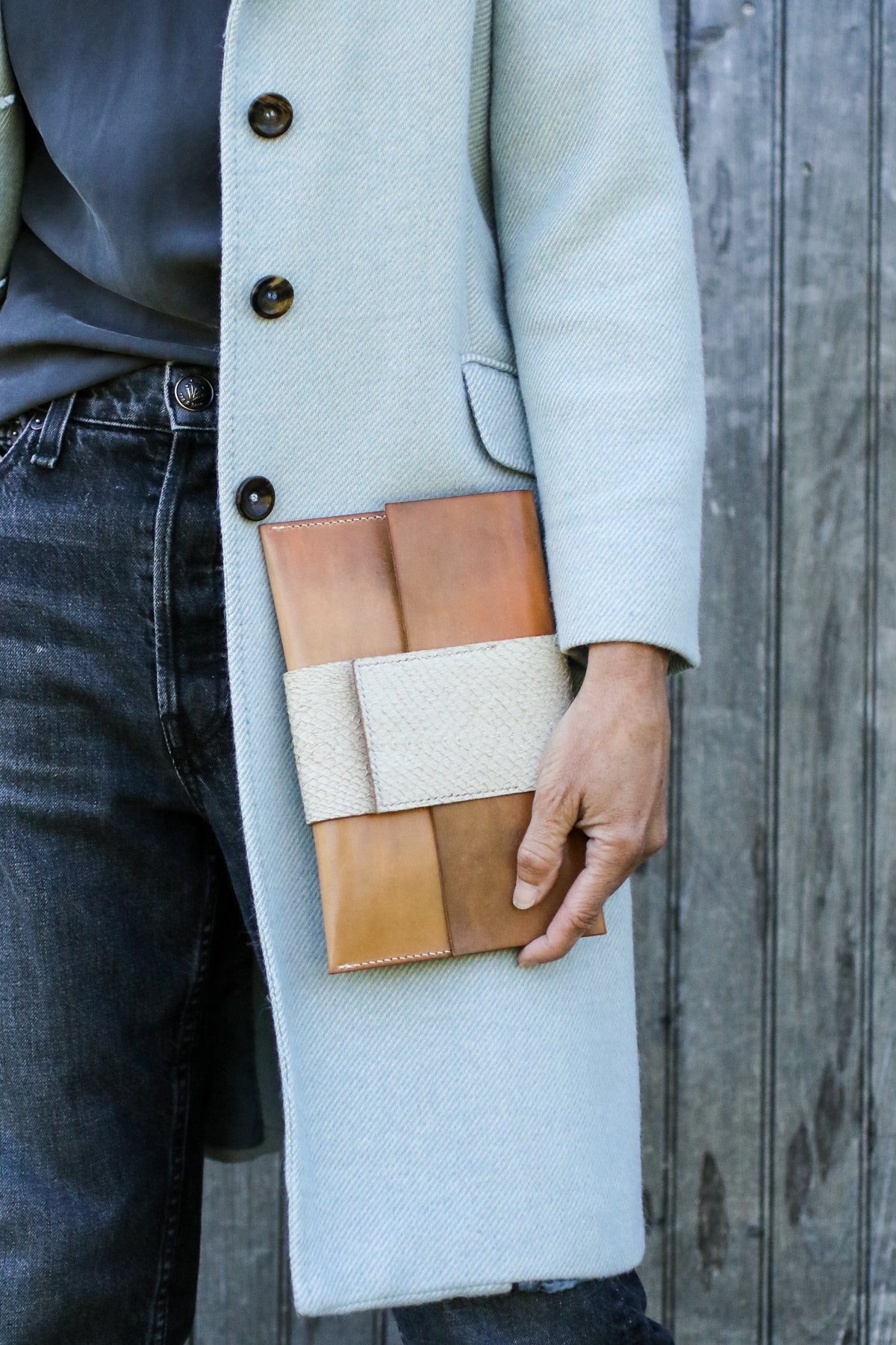 salmon and leather clutch by LK
