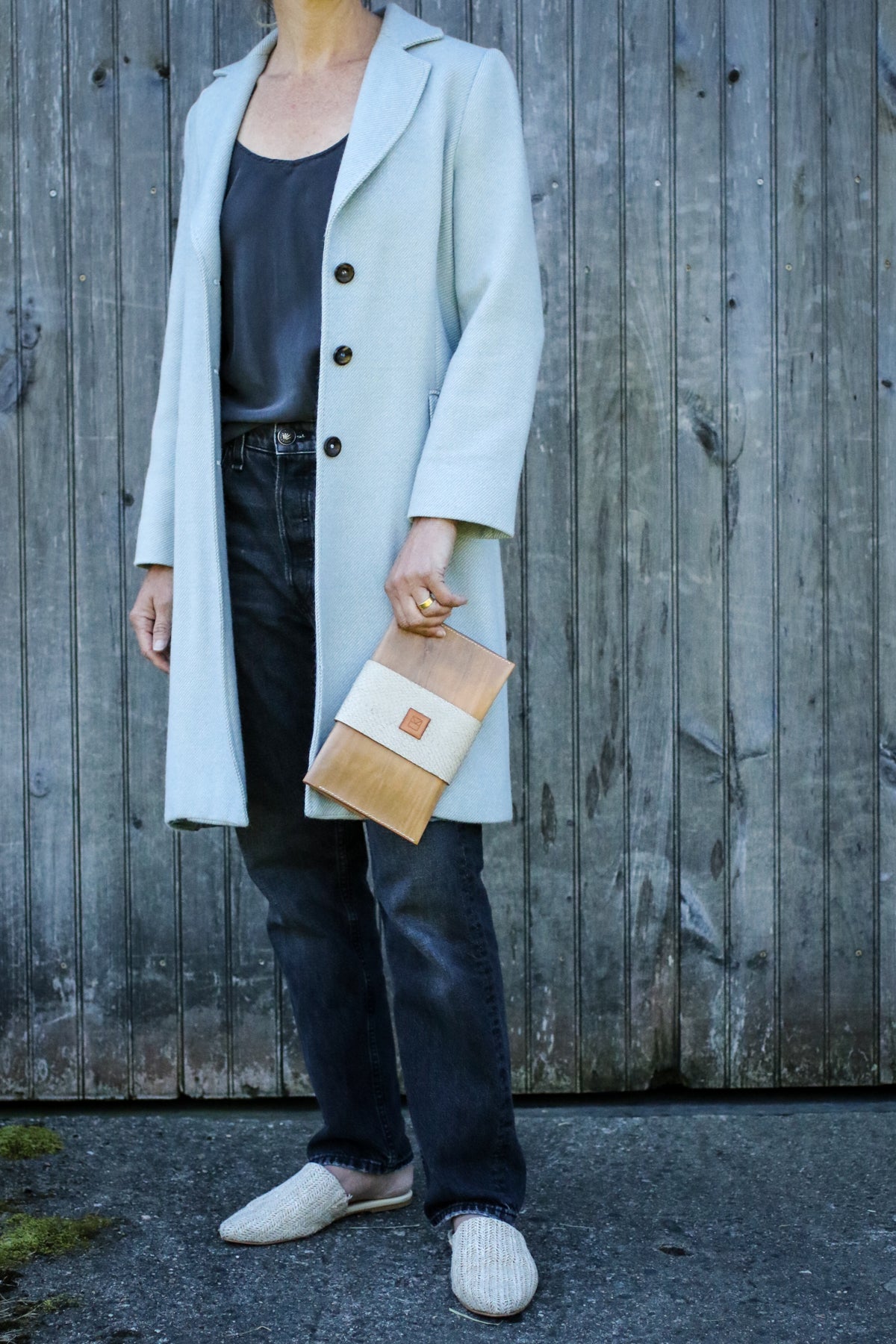 salmon and leather clutch by LK