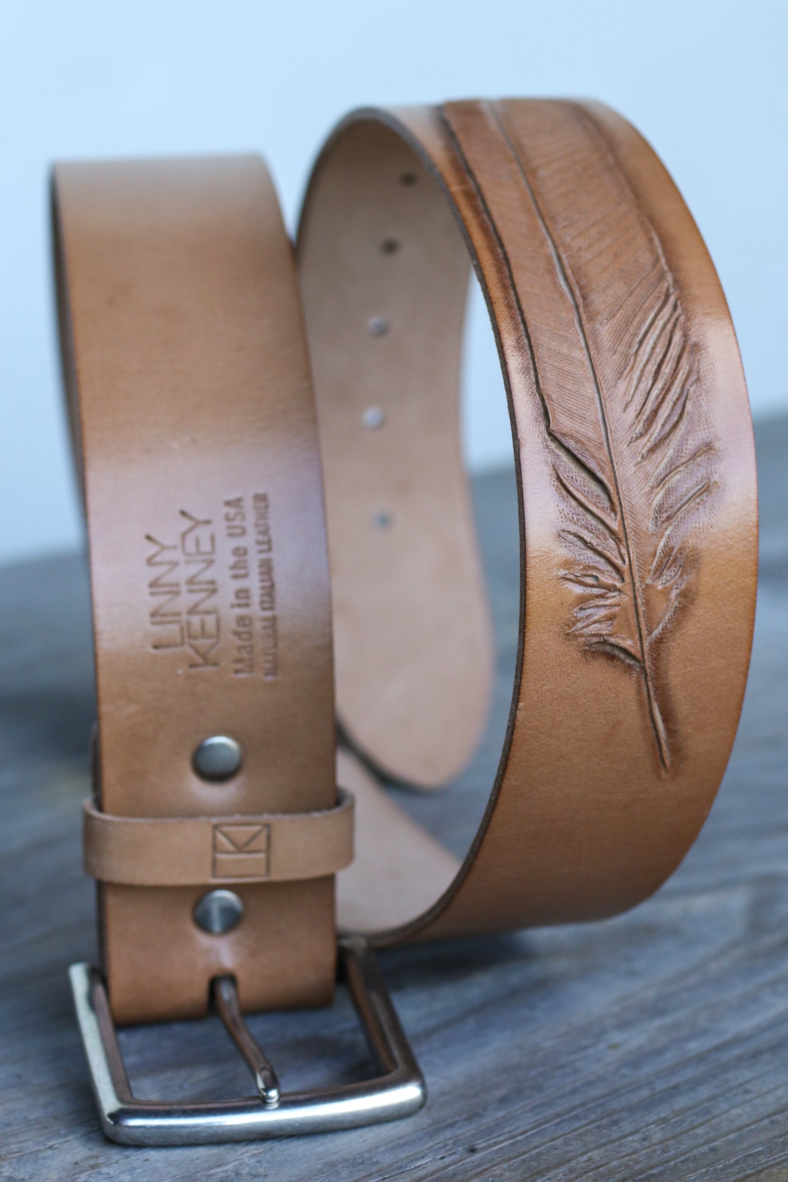 tooled feather leather belt