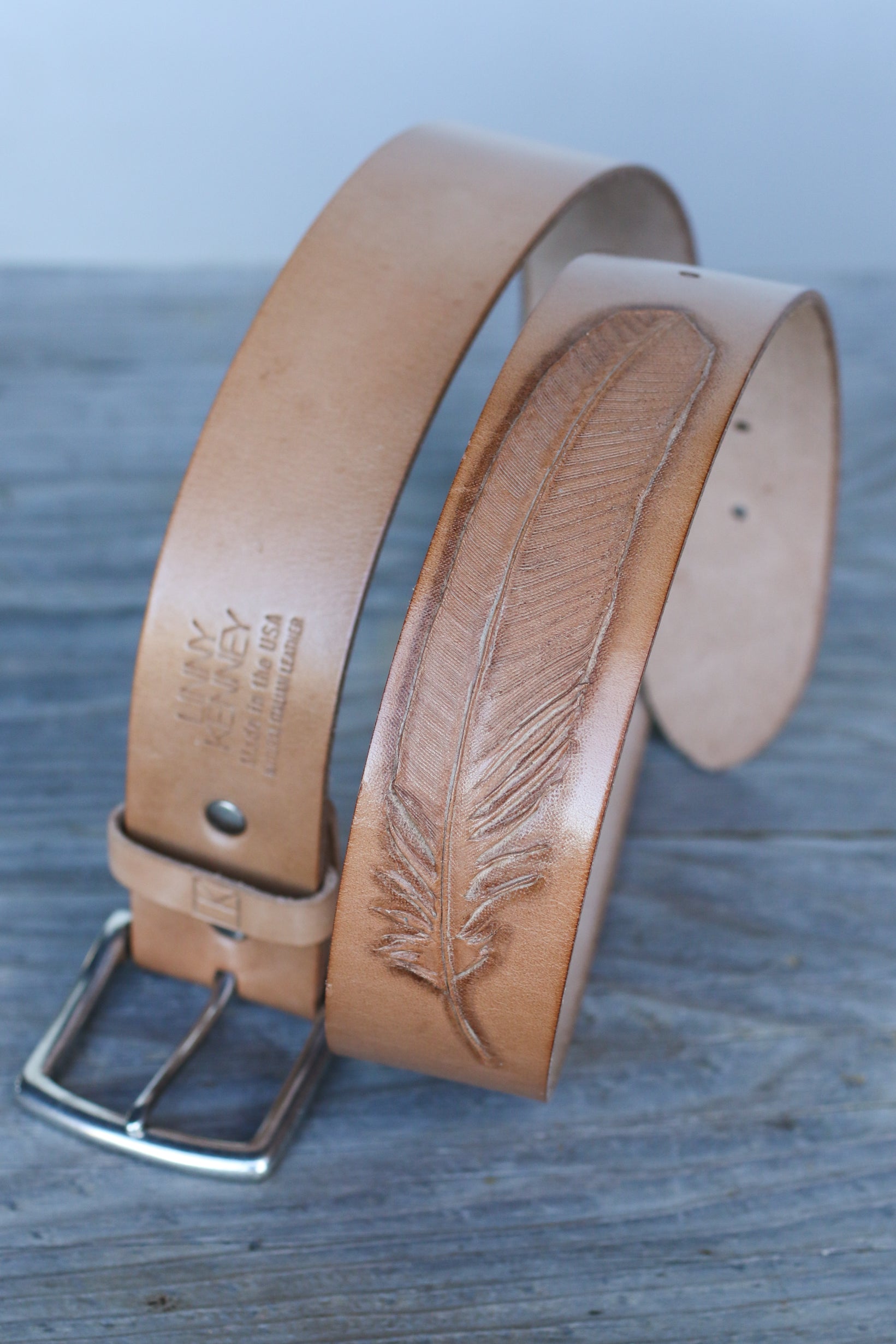tooled feather leather belt