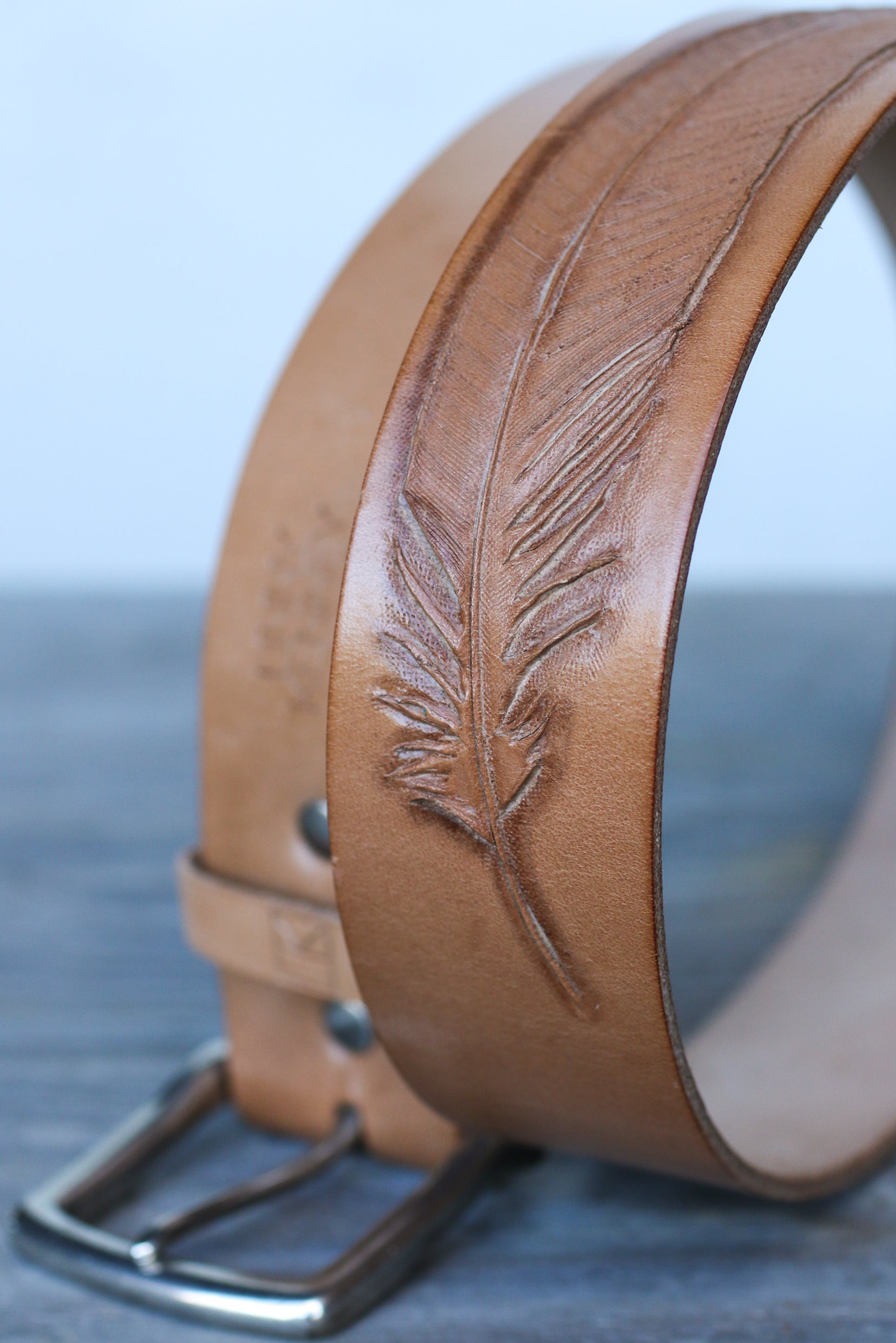 tooled feather leather belt