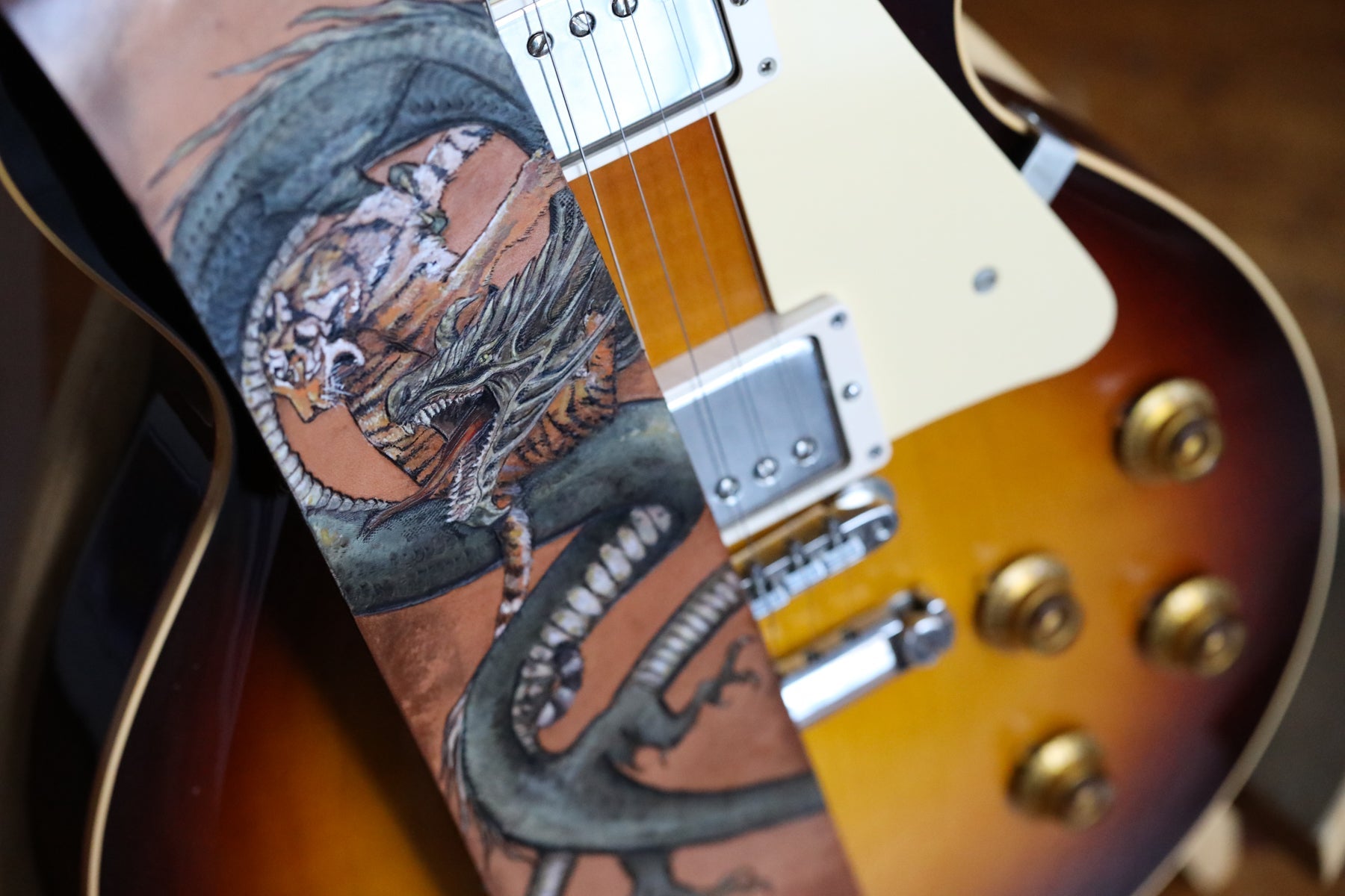 tiger and dragon custom leather guitar strap