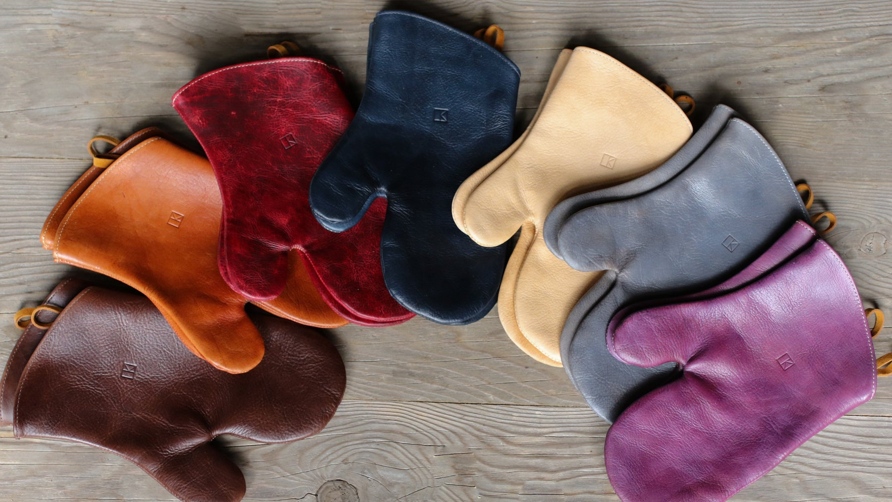 colorful leather oven mitts