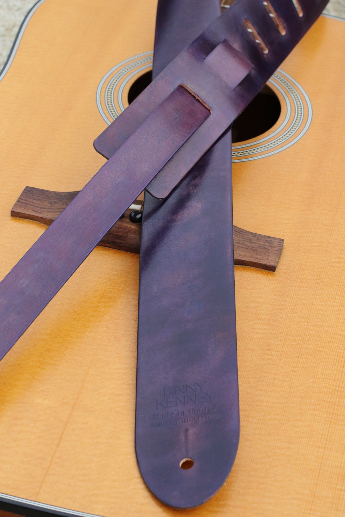 Natural Italian Leather Guitar Strap in African Violet 2