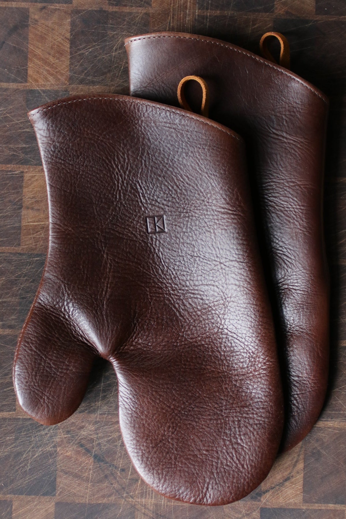 walnut leather oven mitts by LK