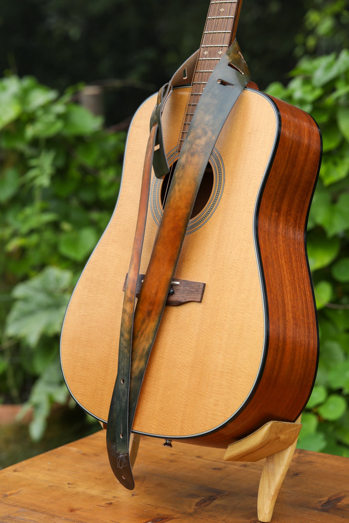 stained Italian leather guitar strap by Linny Kenney