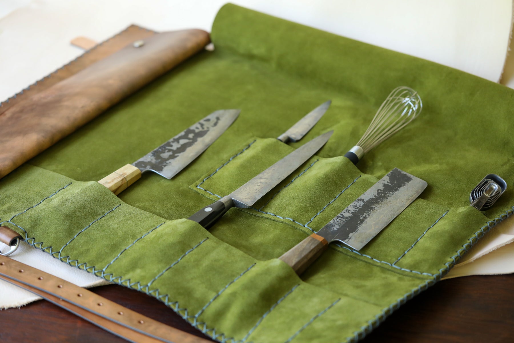 Italian leather knife roll with olive green interior