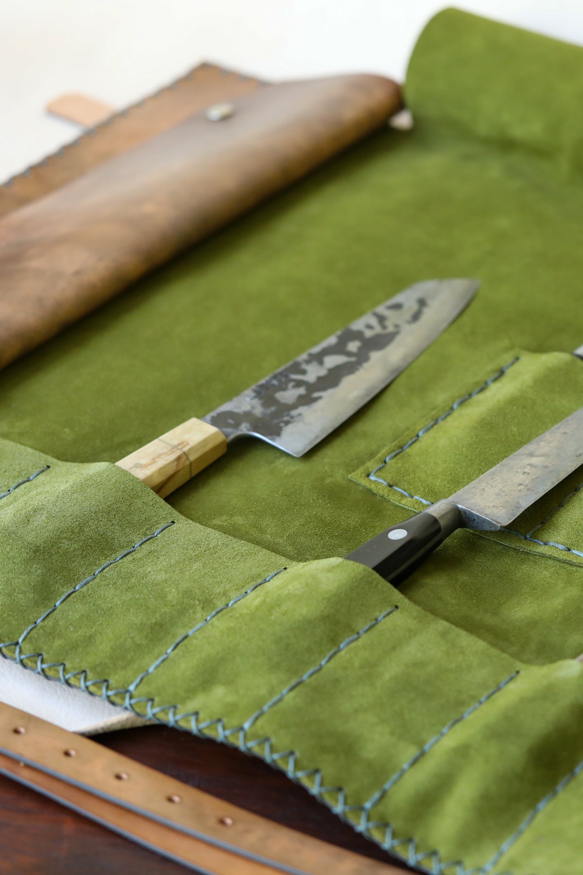 Italian leather knife roll with olive green interior