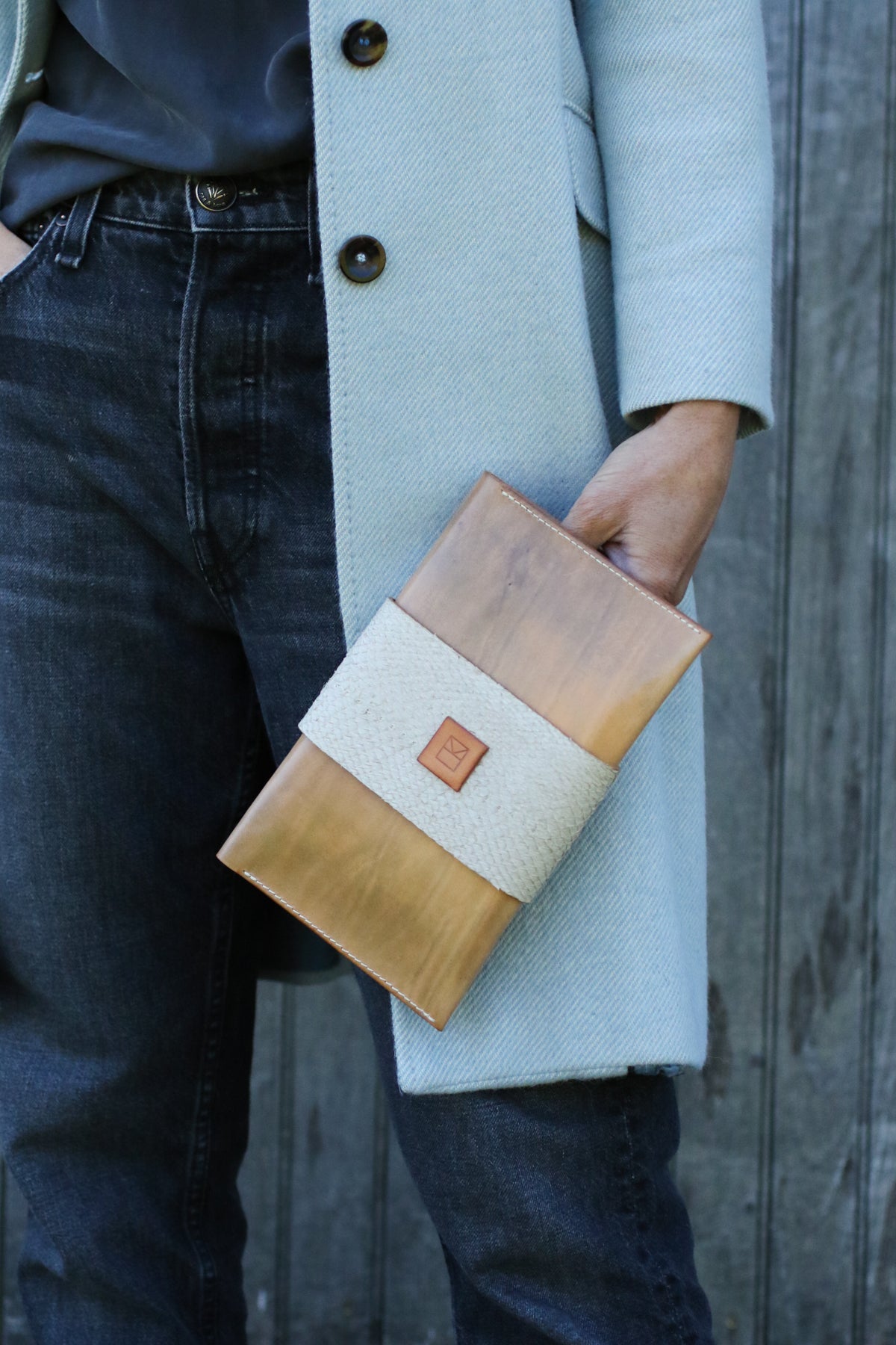 salmon and leather clutch by LK