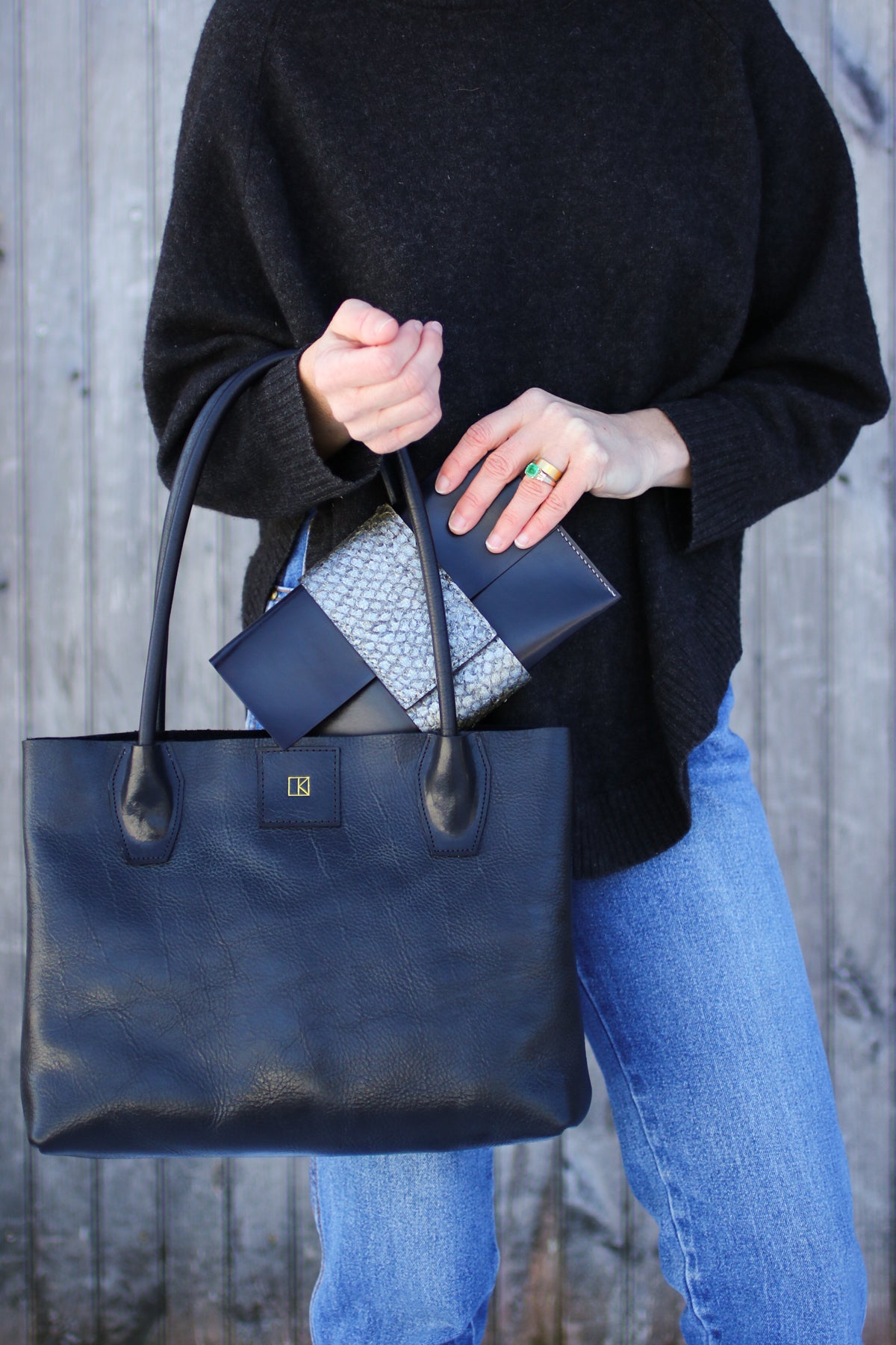 black leather salmon clutch