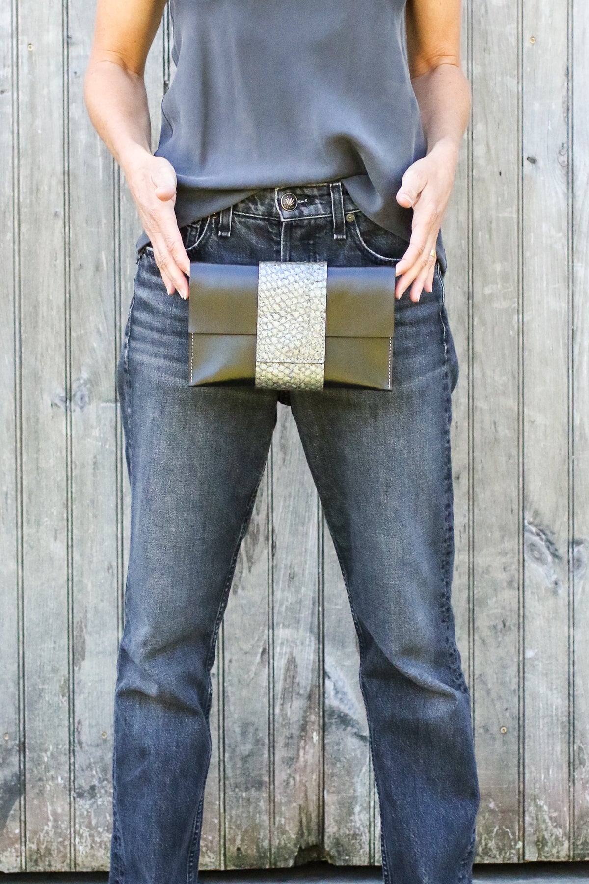 black leather perch clutch