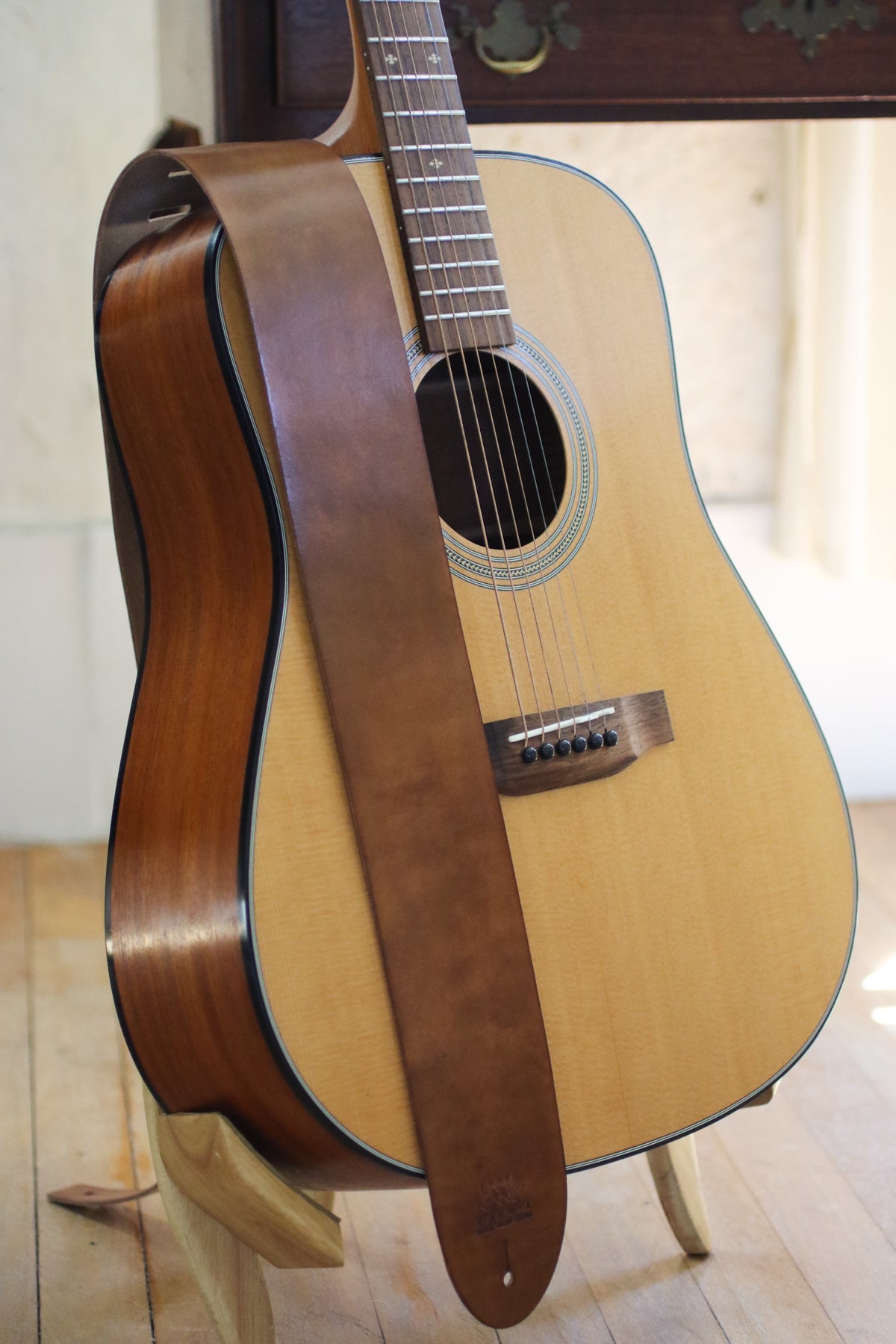 bison brown leather bass strap